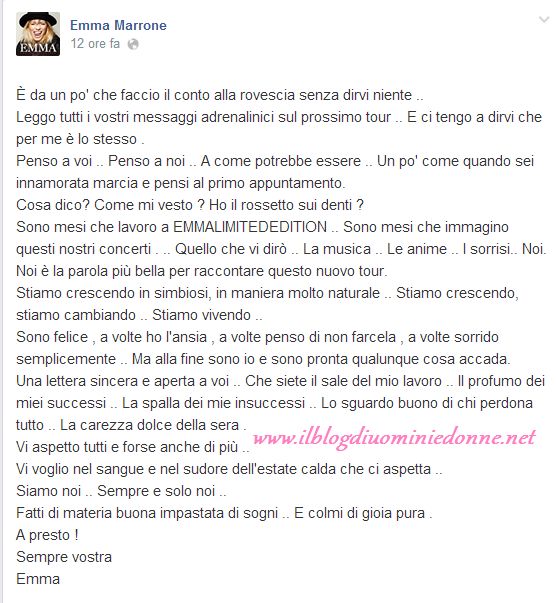 Ultimo messaggio di Emma Marrone su facebook per i fans.