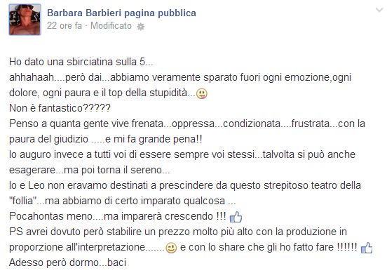 Scrive Barbara Barbieri sul trono di Leonardo Greco su facebook