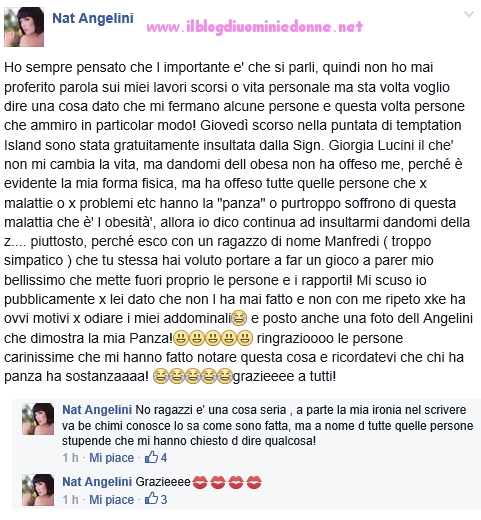 La tentatrice Natalia Angelini replica alle accuse di Giorgia Lucini