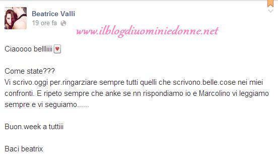 Beatrice Valli scrive su facebook per ringraziare i fans