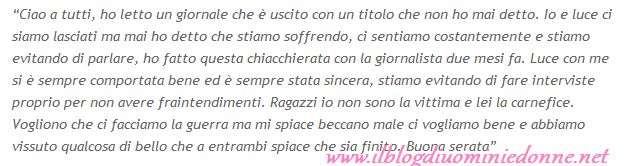 Messaggio di Luca Viganò su facebook a Luce Barucchi