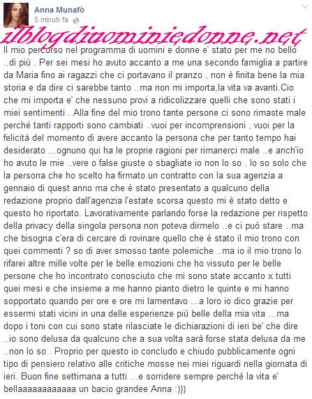 Anna Munafò scrive sulla bacheca facebook