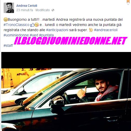 Messaggio di Andrea Cerioli dalla sua pagina facebook