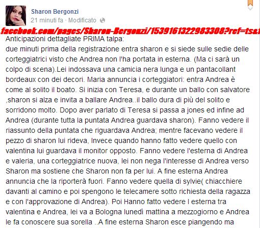 Anticipazioni Uomini e donne dalla pagina di Sharon Bergonzi