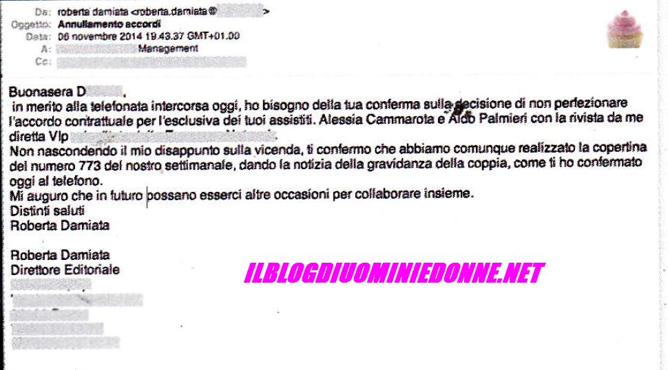 Scambio di Email fra la direttrice di VIP e il manager di Aldo Palmeri e Alessia Cammarota