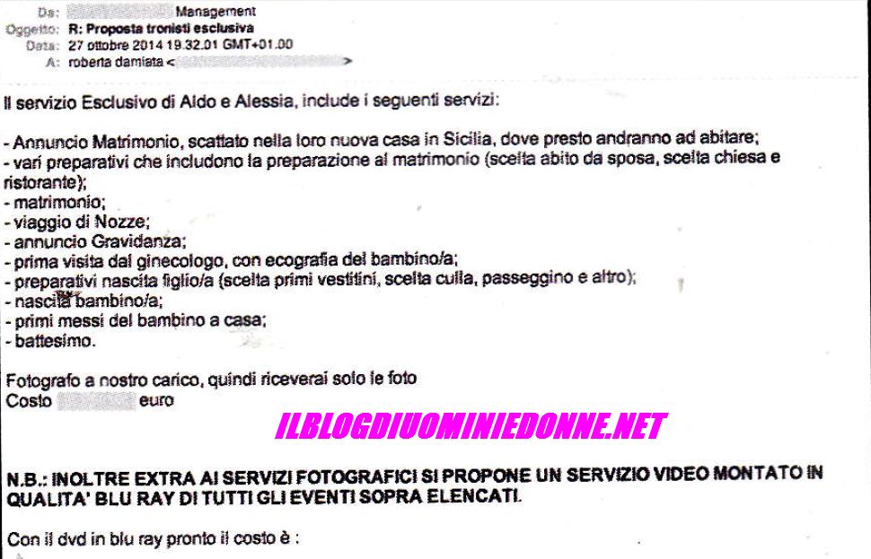 Scambio di Email fra la direttrice di VIP e il manager di Aldo Palmeri e Alessia Cammarota