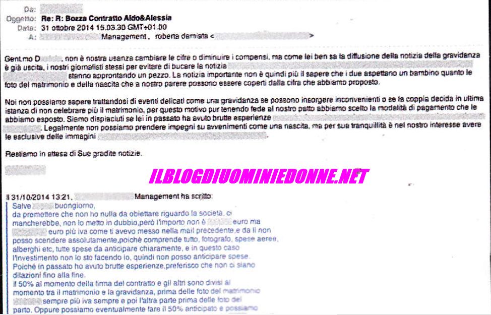 Scambio di Email fra la direttrice di VIP e il manager di Aldo Palmeri e Alessia Cammarota