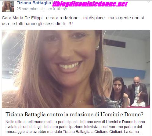 Tiziana Battaglia manda a dire a Maria de Filippi