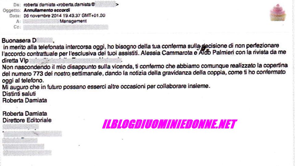 Scambio di Email fra la direttrice di VIP e il manager di Aldo Palmeri e Alessia Cammarota