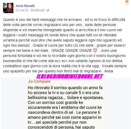 Anna Muanfò felice  per il messaggio ricevuto su facebook