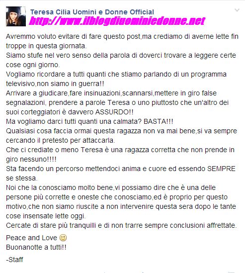 Teresa Cilia scrive su facebook