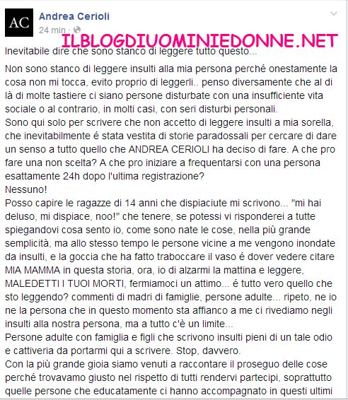 Andrea Cerioli si ribella alle offese e scrive su facebook