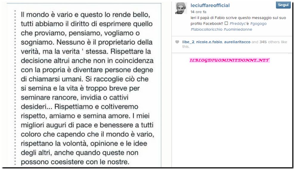 Fabio Colloricchio difeso dal padre per la scelta di Nicole Mazzocato