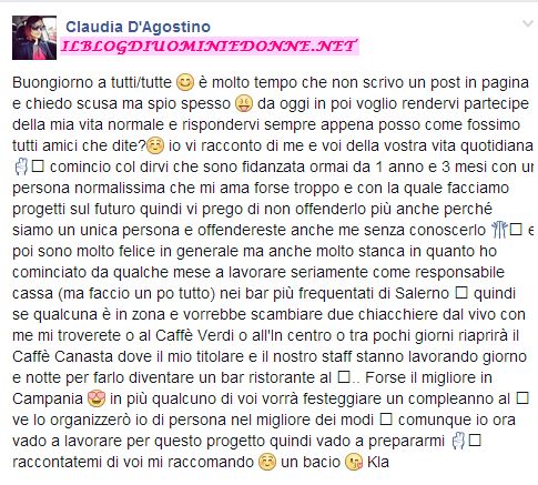 Cladia  d'Agostino scrive su facebook