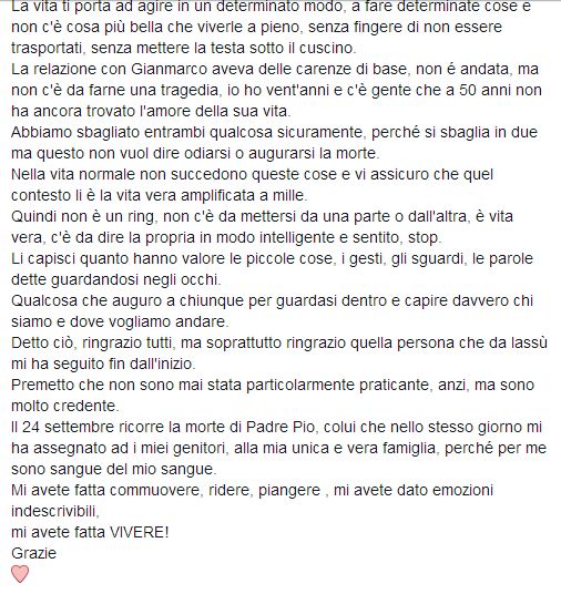 Messaggio di Aurora Betti su Facebook