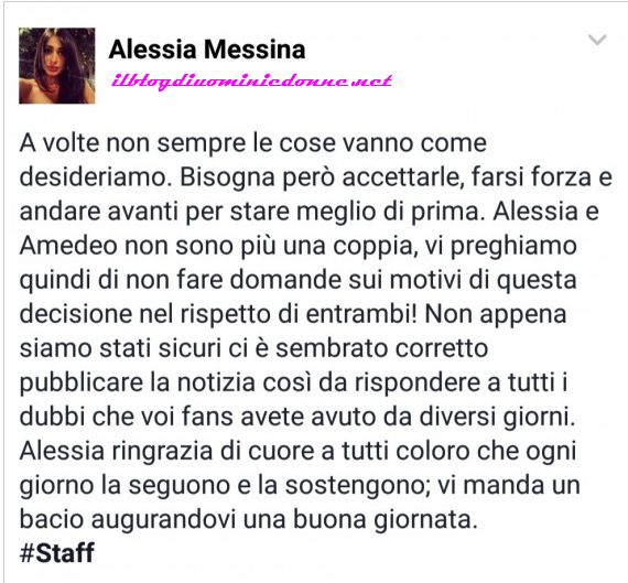 Alessia Messina su facebook dice che con Amedeo è finita