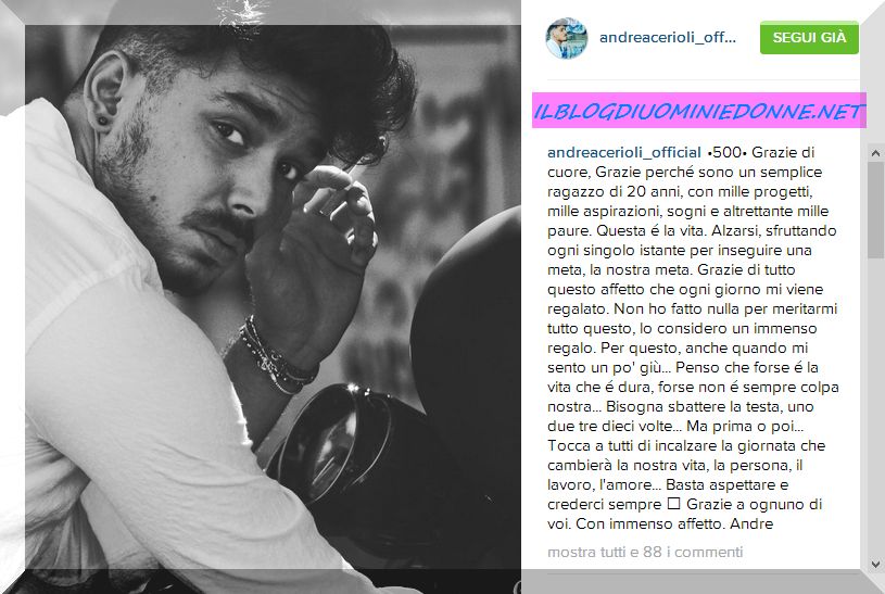 Andrea Cerioli messaggio su instagram