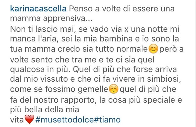 Karina Cascella scrive su instagram