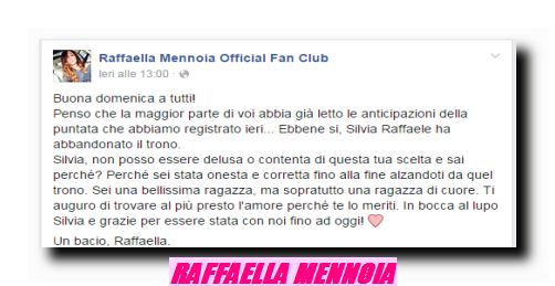 Raffaela Mennoia dichiara su Facebook