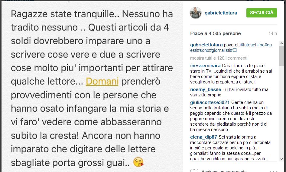 Tara Gabrieletto su Instagram scrive