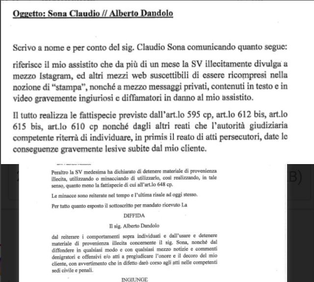 Alberto Dandolo sfida Claudio Sona dopo la diffida