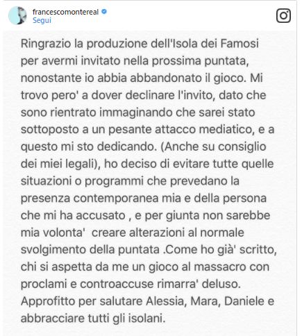 Francesco Monte dichiarazione su Instagram sulla droga all'Isola dei Famosi