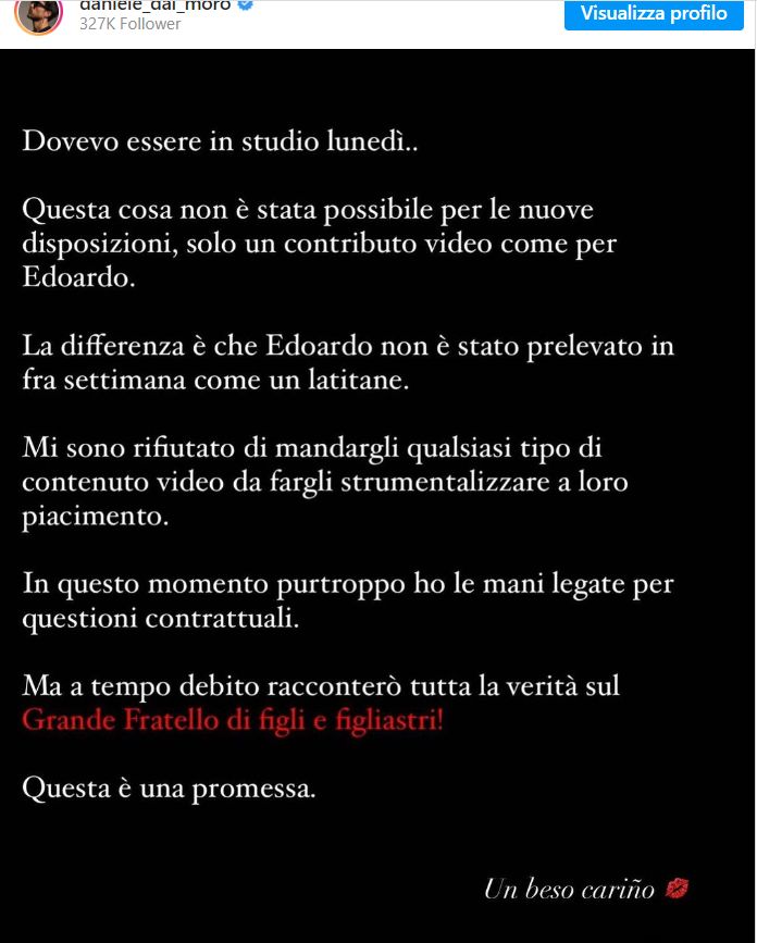 Grande Fratello VIP. Daniele dal Moro contro gli autori per la squalifica dal programma.